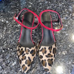 Cheetah pony hair closed toe sandals w/ red straps